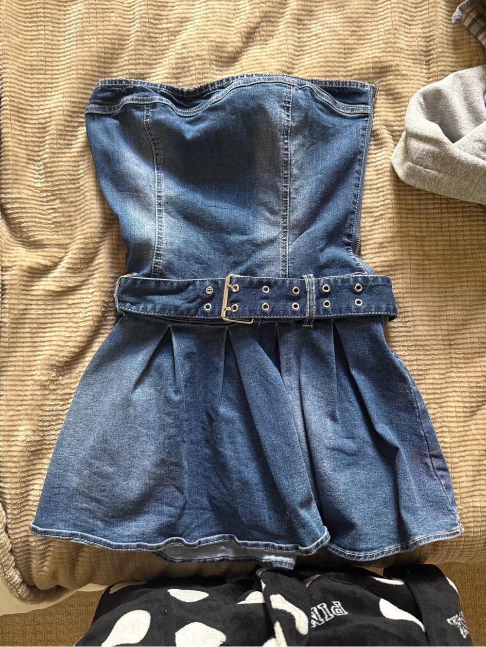 Denim Strapless Pleated Women’s Shorts Romper - Blue